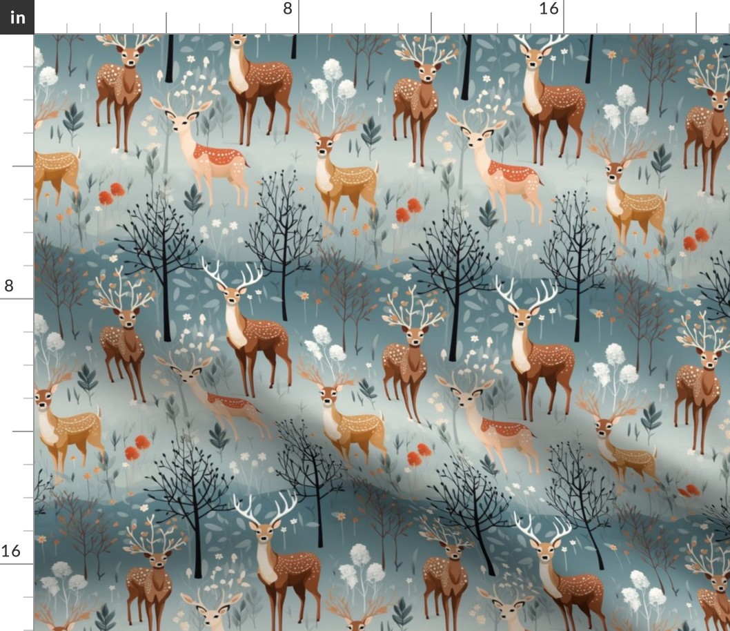 Deer Stag Fawn in Forest Brown & Blue Trees Woodland Buck Winter Wonderland Forest Holiday Christmas