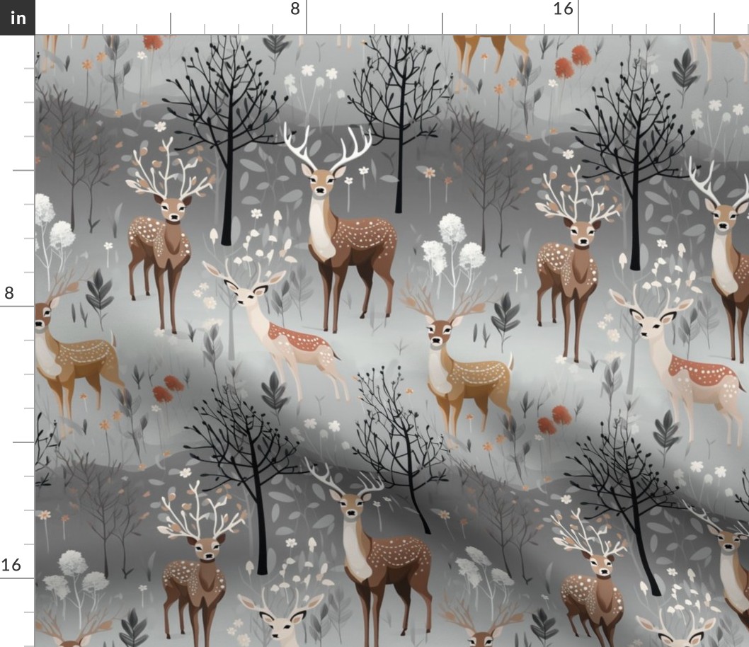 Deer Stag Fawn in Forest Brown & Gray Trees Woodland Buck Winter Wonderland Forest Holiday Christmas