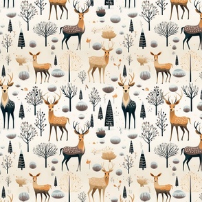 Herd of Christmas Holiday Deer Stag Fawn Forest Trees Brown Tan White Black Brown