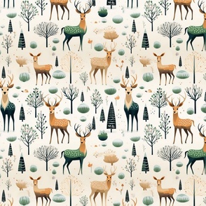 Herd of Christmas Holiday Deer Stag Fawn Forest Trees Green White Black Brown