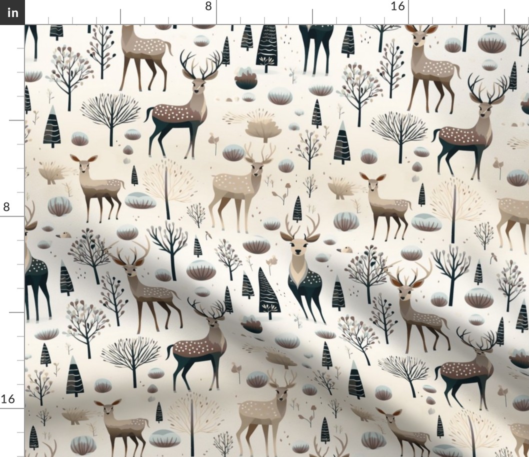 Herd of Christmas Holiday Deer Stag Fawn Forest Trees Tan Gray Silver White Black Brown