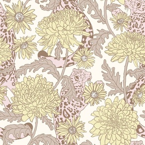 Light Yellow Chrysanthemums with pink Leaping Snow Leopards on off-white
