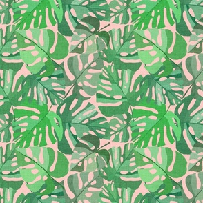 (MEDIUM) Painted Cool Green Tropical Leaves on blush pink