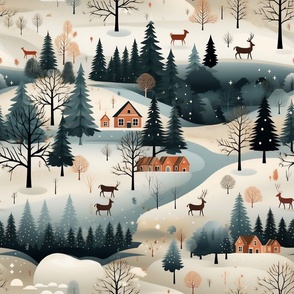 Rustic Americana Snowy Hillside Holiday Winter Christmas Trees Cottage Deer Houses Festive Landscape Brown & Blue