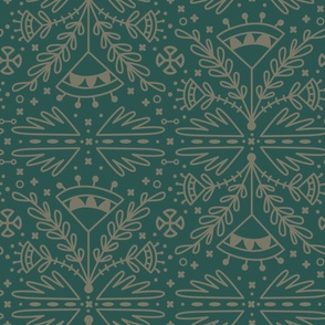 Jewel Green with Tan Flower Doodles