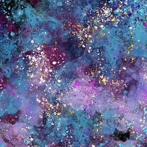 Girly universe, alcohol ink with glitter magical colors night sky space colorful blue purple sparkle light