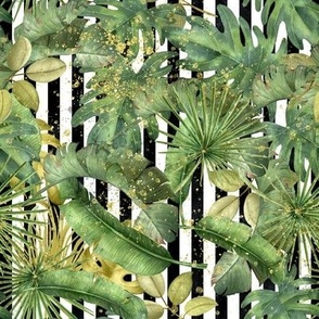 Tropical exotic watercolor leaves with gold glitter sparkles on black and white vertical stripes maximal modern design