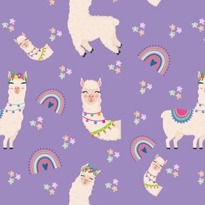 Llama with Rainbow and Flowers in Violet