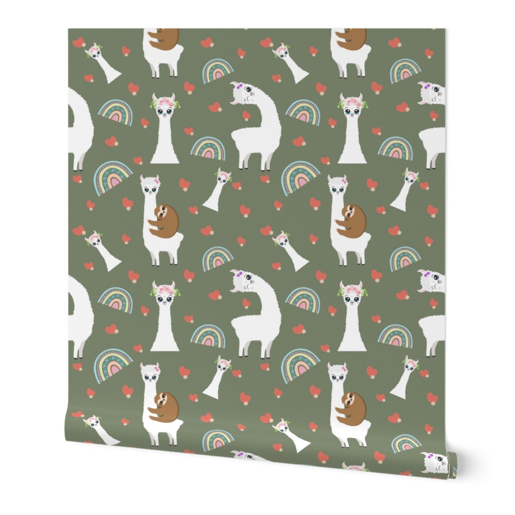 Llama with Rainbow and Heart Shape in Olive Green