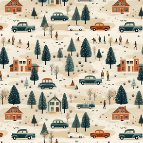 1940s Vintage Retro Holiday Winter Christmas Snow Houses Americana Orange & Teal Blue