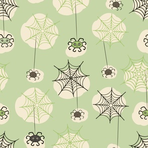 Happy-Halloween-Spider-with-webs-vintage-green-XL-jumbo-scale-for-wallpaper N