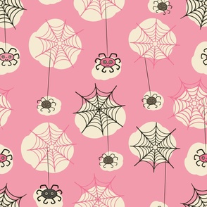 Happy-Halloween-spider-with-webs-vintage-pink-beige-XL-jumbo-scale-for-wallpaper N