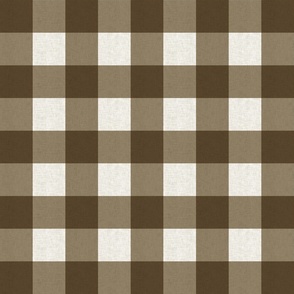 Medium scale rustic plaid check in earthy warm dark olive green with a vintage linen texture 