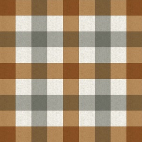  Medium scale rustic plaid check in earthy warm ochre and dusty blue with a vintage linen texture 