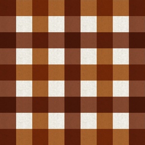 Medium scale rustic plaid check in earthy warm rust and chestnut brown with a vintage linen texture 