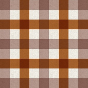 Medium scale rustic plaid check in earthy warm rust and plum with a vintage linen texture 
