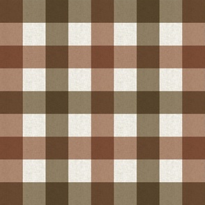 Medium scale rustic plaid check in earthy warm tan brown and olive green with a vintage linen texture 