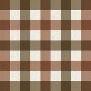 Medium scale rustic plaid check in earthy warm tan brown and olive green with a vintage linen texture 