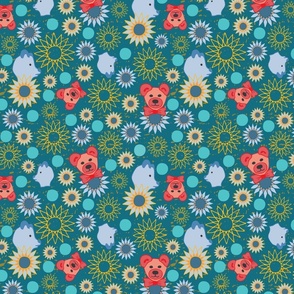 Whimsical Hand Drawn Bright Bears on Teal