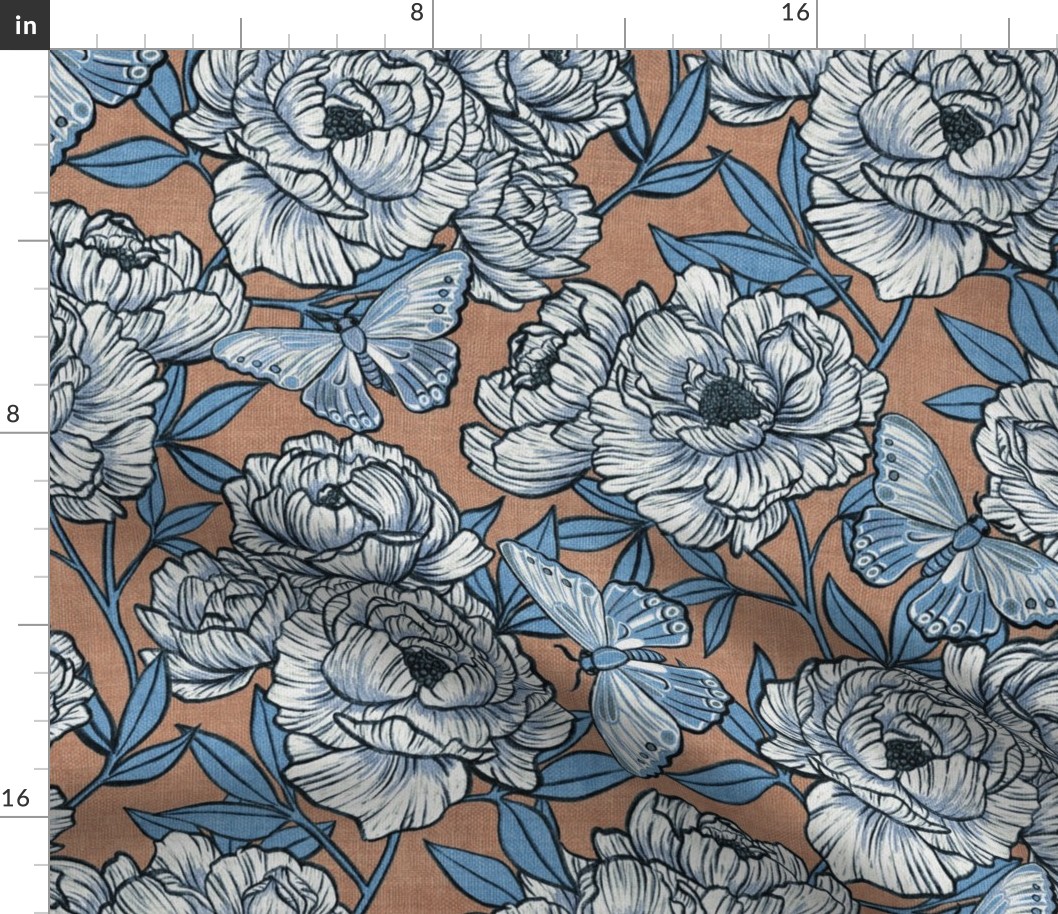 Peonies and Moths in Warm Taupe and Powder Blue Large