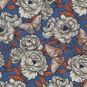 Peonies and Moths in Rust and Cream on Blue
