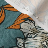 Peonies and Moths in Soft Teal and Orange Large