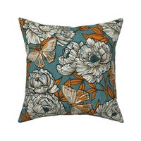 Peonies and Moths in Soft Teal and Orange Large
