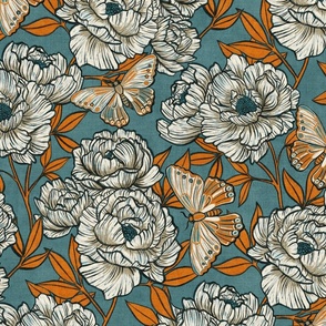 Peonies and Moths in Soft Teal and Orange Large