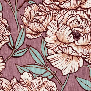 Peonies and Moths in Mauve and Mint Extra Large