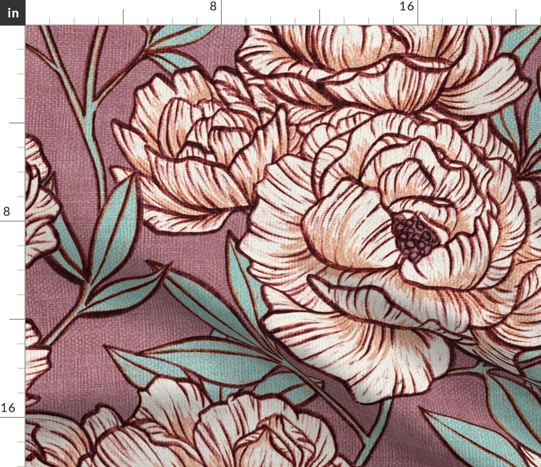 Peonies and Moths in Mauve and Mint Extra Large