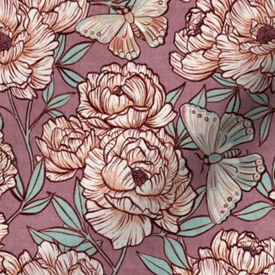 Peonies and Moths in Mauve and Mint Medium