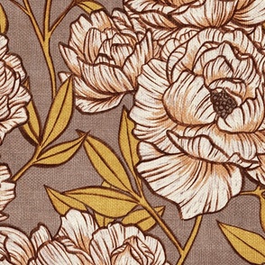 Peonies and Moths in Taupe and Gold Extra Large