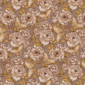 Peonies and Moths in Taupe and Gold Medium