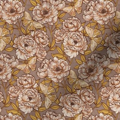 Peonies and Moths in Taupe and Gold Small