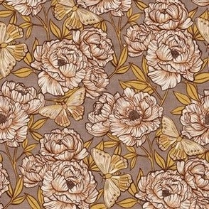 Peonies and Moths in Taupe and Gold Small