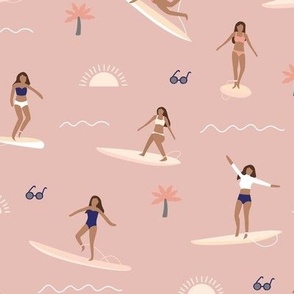 Island vibes waves and surf girls hawaii inspired women with palm trees surf boards and sun moody pink cream navy blue