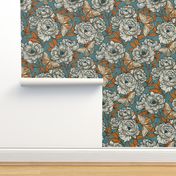 Peonies and Moths in Soft Teal and Orange Extra Large
