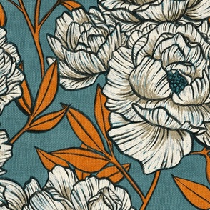 Peonies and Moths in Soft Teal and Orange Extra Large