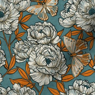 Peonies and Moths in Soft Teal and Orange Medium