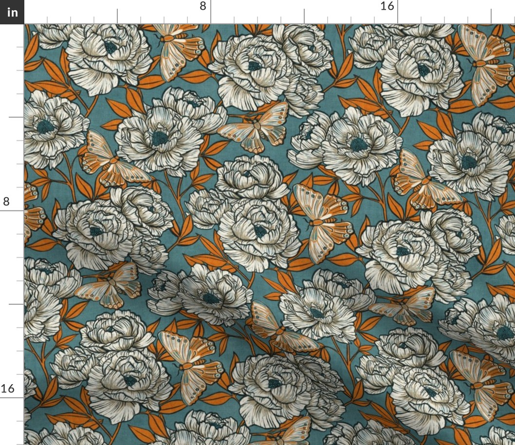 Peonies and Moths in Soft Teal and Orange Medium