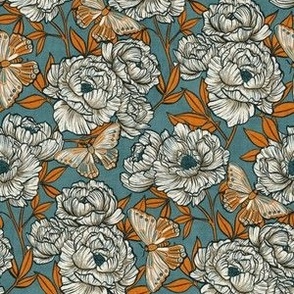 Peonies and Moths in Soft Teal and Orange Small
