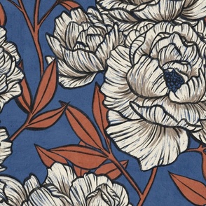 Peonies and Moths in Rust and Cream on Blue Extra Large
