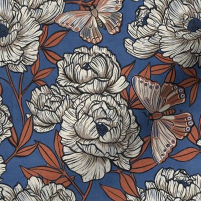 Peonies and Moths in Rust and Cream on Blue Medium