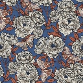 Peonies and Moths in Rust and Cream on Blue Small