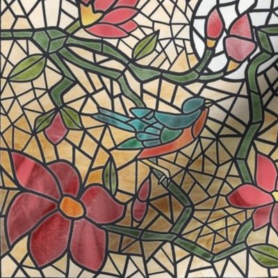 Bird in the Flowering Vine Stained Glass // Red, Green, and Blue 