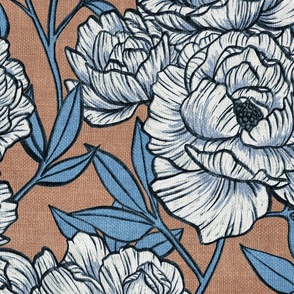 Peonies and Moths in Warm Taupe and Powder Blue Extra Large