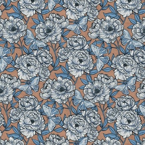 Peonies and Moths in Warm Taupe and Powder Blue Medium