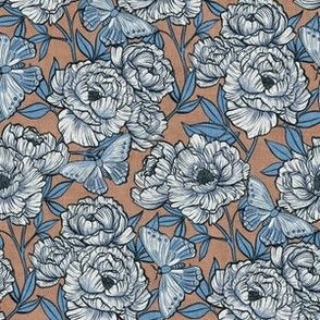 Peonies and Moths in Warm Taupe and Powder Blue Small
