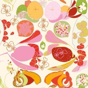 Fruits, zesty,lemon, oranges, leaves, symmetrical pattern.