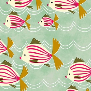 sea life pink fish waves // mint // medium